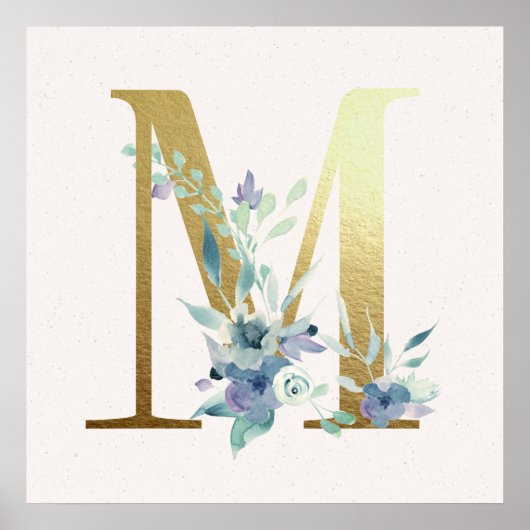 Initiaal M Golden en Blue Floral Monogram Poster (Voorkant)