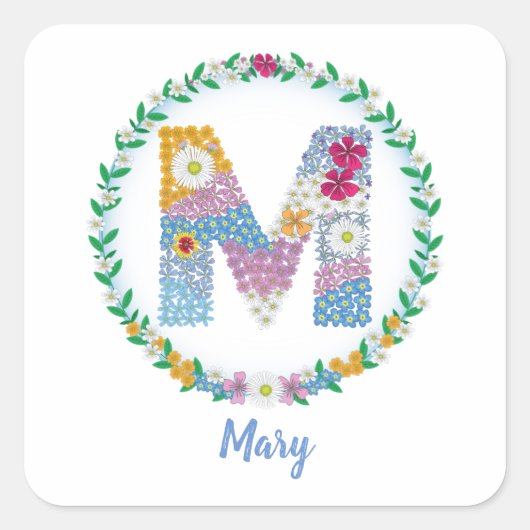 Initiaal "M" met gepersonaliseerde naam Vierkante Sticker (Voorkant)
