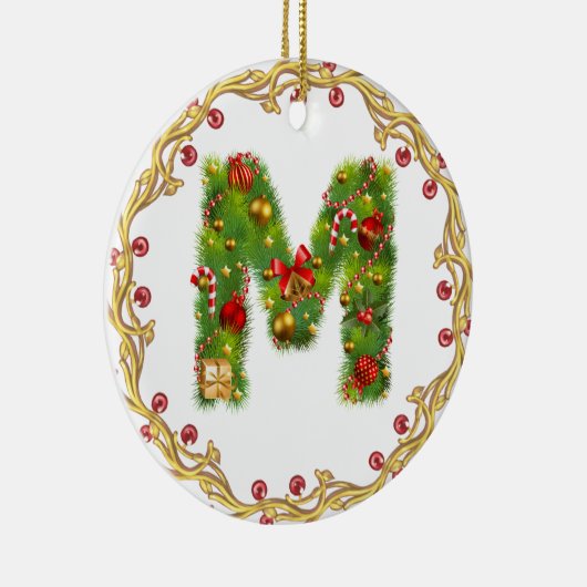 initiaal M monogrammed kerstversiering - cirkel Keramisch Ornament (Rechts)