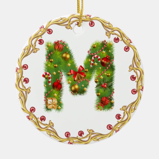 initiaal M monogrammed kerstversiering - cirkel Keramisch Ornament (Voorkant)
