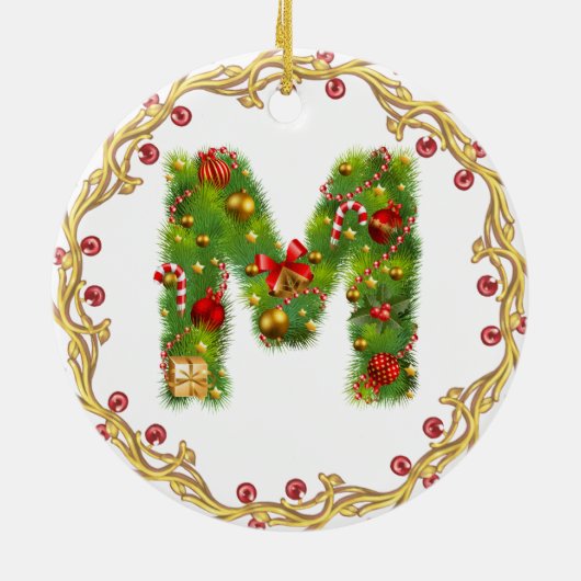 initiaal M monogrammed kerstversiering - cirkel Keramisch Ornament (Achterkant)