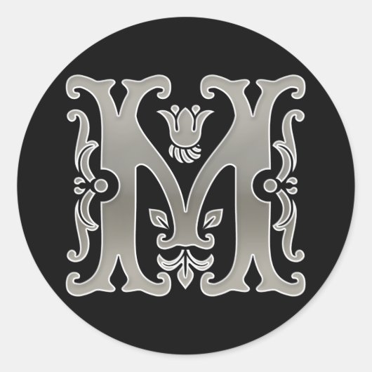 Initiaal M Ronde Sticker in zilver (Voorkant)