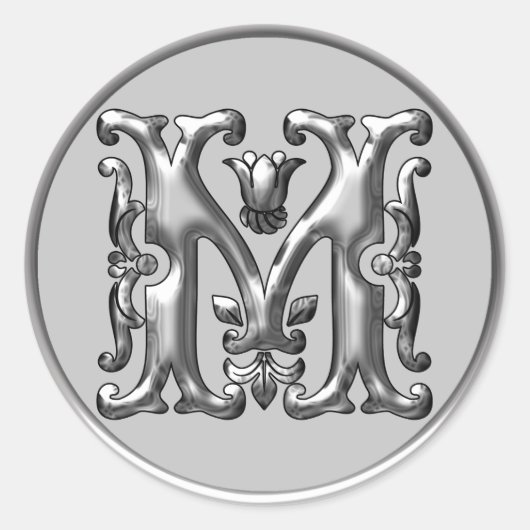 Initiaal M Ronde Sticker in zilver (Voorkant)