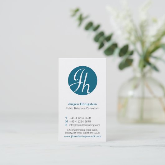 Initiaal met blauwe en witte cirkel modern visitek visitekaartje (Staand voorkant)