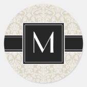 Initiaal met Ivoor Beige Damast Ronde Sticker (Voorkant)