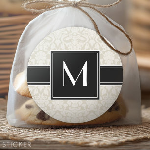 Initiaal met Ivoor Beige Damast Ronde Sticker