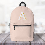Initiaal Monogram Blush Roze Vintage Typografie Bedrukte Rugzak<br><div class="desc">Een eenvoudig minimalistisch initiaal met een  retro-typografie in wit met een gouden schaduw op een wazige roze achtergrond. De brief kan gemakkelijk worden aangepast om uw eigen monogram te creëer!</div>