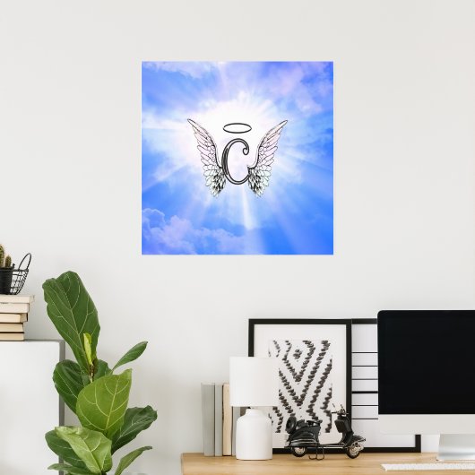 Initiaal Monogram C met Angel Wings, Halo Clouds Poster (Thuiskantoor)
