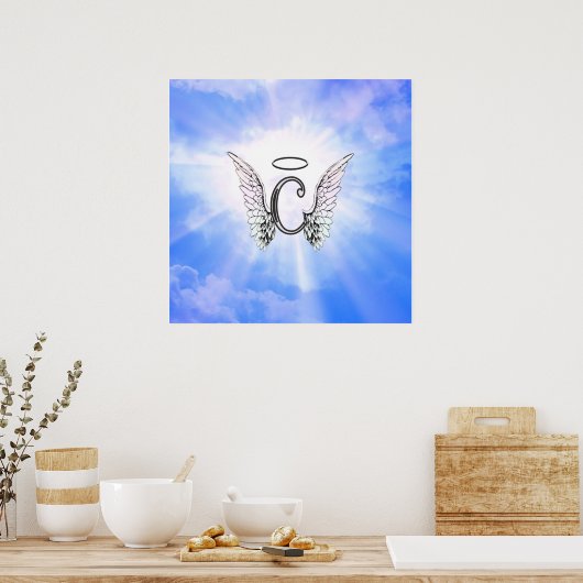 Initiaal Monogram C met Angel Wings, Halo Clouds Poster (Keuken)