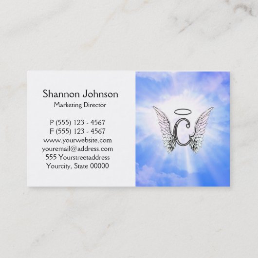 Initiaal Monogram C met Angel Wings, Halo Clouds Visitekaartje (Achterkant)