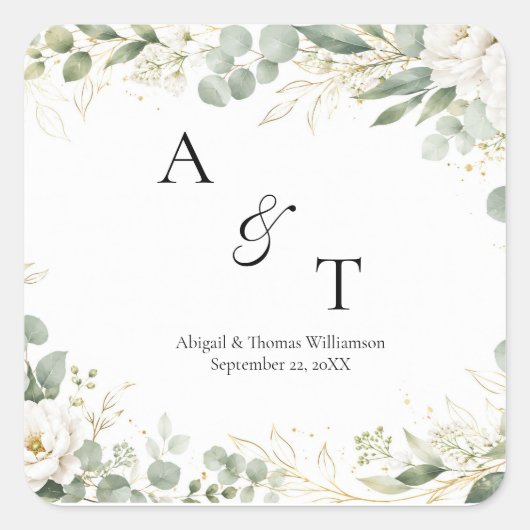 Initiaal Monogram Eucalyptus Botanicals Groeneleme Vierkante Sticker (Voorkant)