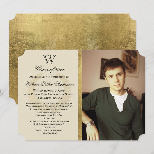 Initiaal Monogram Gold Foil Effect Foto Afstuderen Kaart (Voorkant / Achterkant)