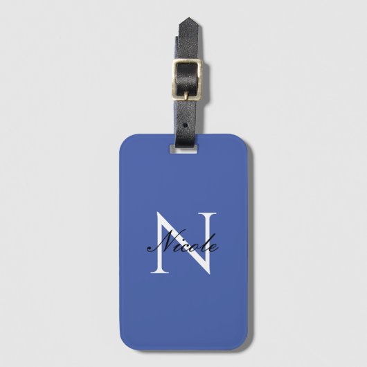 Initiaal monogram handgeschreven eigen naam blauw bagagelabel (Voorkant (verticaal))