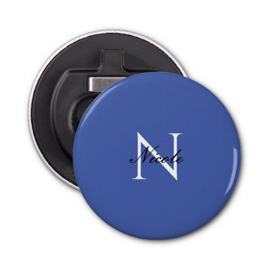 Initiaal monogram handgeschreven eigen naam blauw button flesopener (Voorkant)