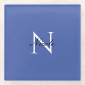 Initiaal monogram handgeschreven eigen naam blauw glazen onderzetter (Voorkant)