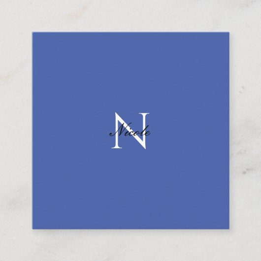 Initiaal monogram handgeschreven eigen naam blauw informatiekaartje (Voorkant)