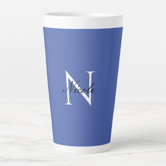 Initiaal monogram handgeschreven eigen naam blauw latte mok (Voorkant)