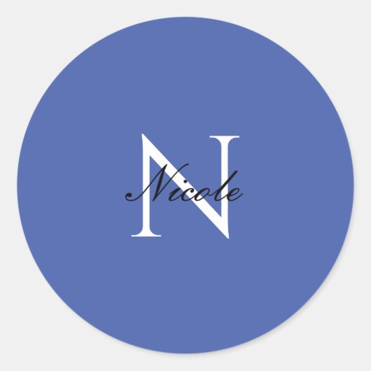Initiaal monogram handgeschreven eigen naam blauw ronde sticker (Voorkant)