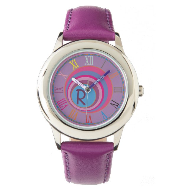 Initiaal Monogram Paarse roze blauwe klok kunstmei Horloge (Voorkant)