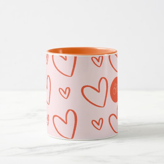 Initiaal monogram - roze sinaasappel en rode harte mok (Midden)