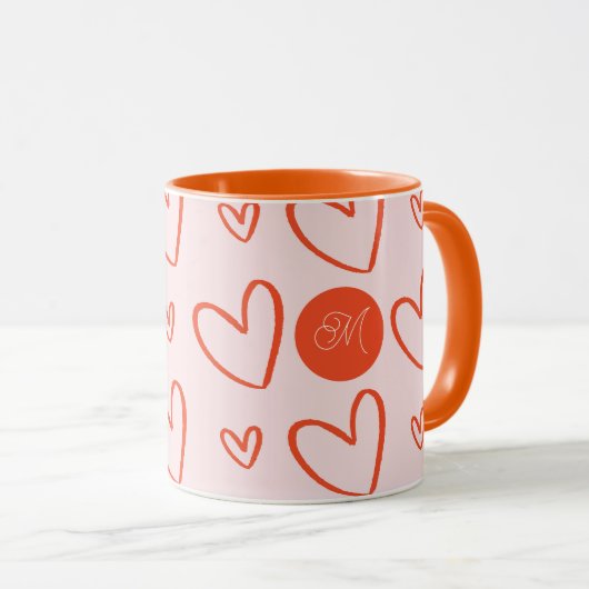 Initiaal monogram - roze sinaasappel en rode harte mok (Voorkant rechts)