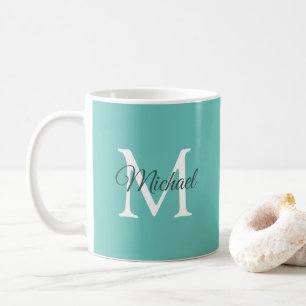 Initiaal Monogram Sjabloon Blauwgroen White Trendy Koffiemok