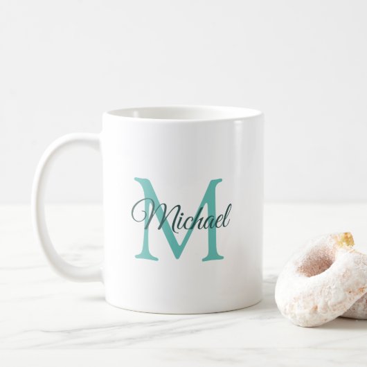 Initiaal Monogram Sjabloon Licht Blauwgroen Witte  Koffiemok (Met donut)
