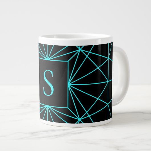 Initiaal monogram | Turquoise geometrisch ontwerp Grote Koffiekop (Voorkant rechts)