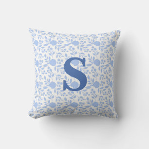 Initiaal Monogram White en Light Blue Floral Throw Kussen