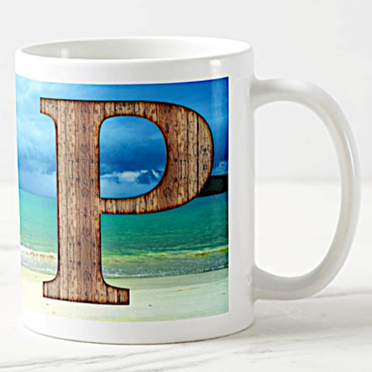 Initiaal Monogram Wooden Letter P Beach Ocean Scen Koffiemok