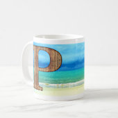 Initiaal Monogram Wooden Letter P Beach Ocean Scen Koffiemok (Voorkant links)