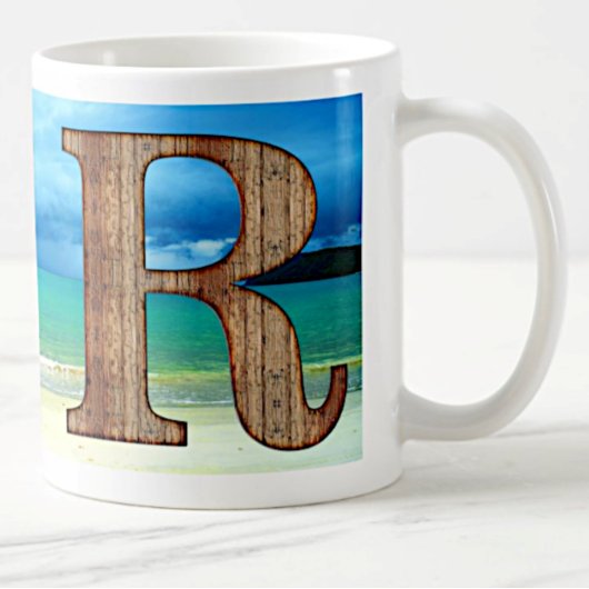 Initiaal Monogram Wooden Letter R Beach Ocean Scen Koffiemok