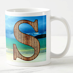 Initiaal Monogram Wooden Letter S Beach Ocean Scen Koffiemok