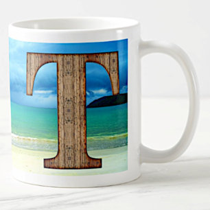 Initiaal Monogram Wooden Letter T Beach Ocean Scen Koffiemok