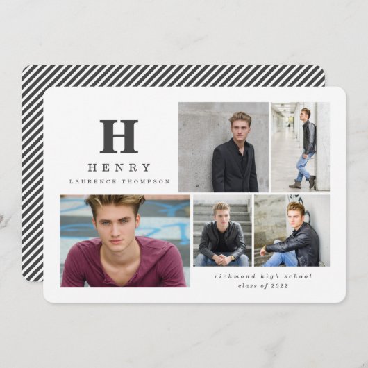 Initiaal multi-foto afstuderen modern zwart wit aankondiging (Voorkant / Achterkant)
