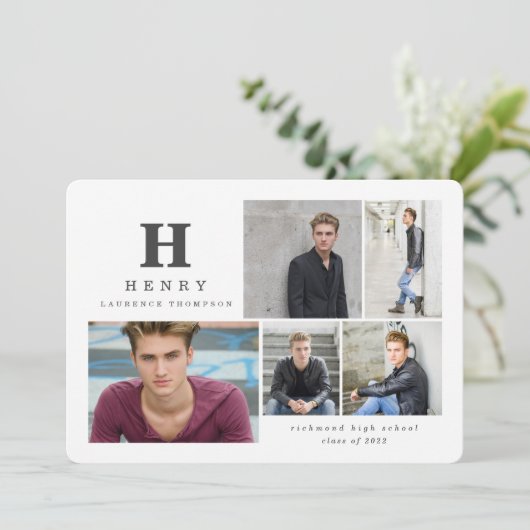 Initiaal multi-foto afstuderen modern zwart wit aankondiging (Staand voorkant)