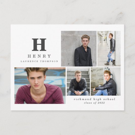 Initiaal multi-foto afstuderen modern zwart-wit en feestdagenkaart (Voorkant)