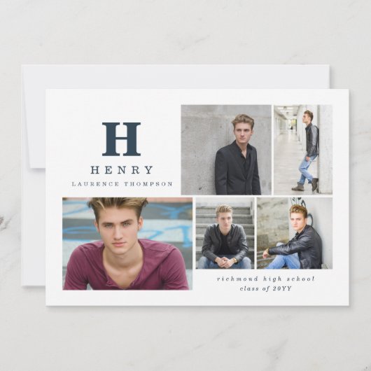 Initiaal multi-foto afstuderen uitnodiging blauw (Voorkant)