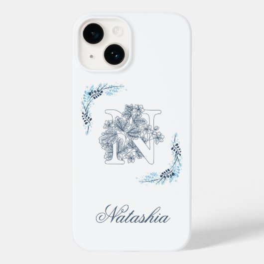 Initiaal "N" Blauw Monogram Kalm Bloemen Case-Mate iPhone Case (Achterkant)