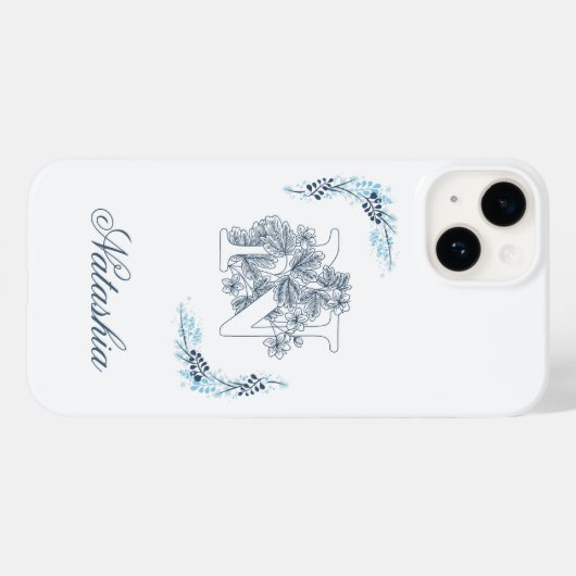 Initiaal "N" Blauw Monogram Kalm Bloemen Case-Mate iPhone Case (Achterkant (horizontaal))
