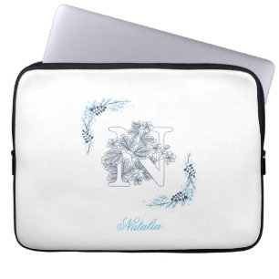 Initiaal "N" Blauw Monogram Kalm Bloemen Laptop Sleeve