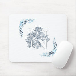 Initiaal "N" Blauw Monogram Kalm Bloemen Muismat