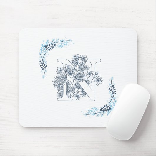 Initiaal "N" Blauw Monogram Kalm Bloemen Muismat (Met muis)