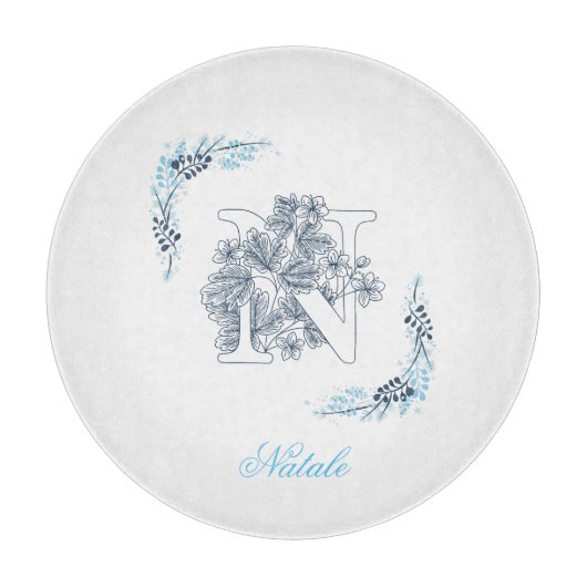 Initiaal "N" Blauw Monogram Kalm Bloemen Snijplank (Voorkant)