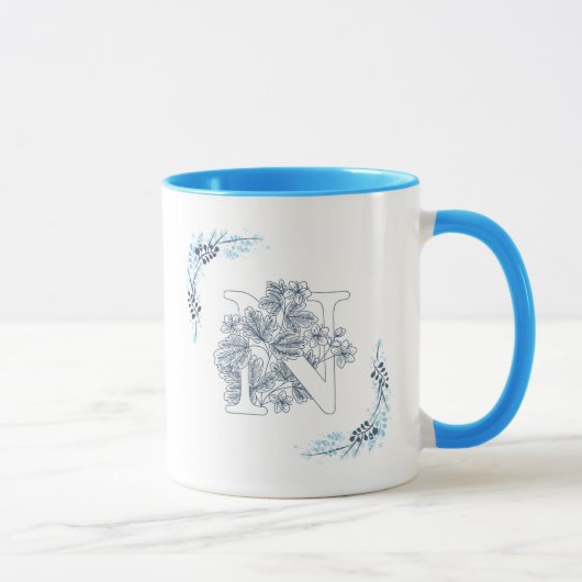 Initiaal "N" Blauw Monogram Kalme Bloemenkoffie Mok (Rechts)