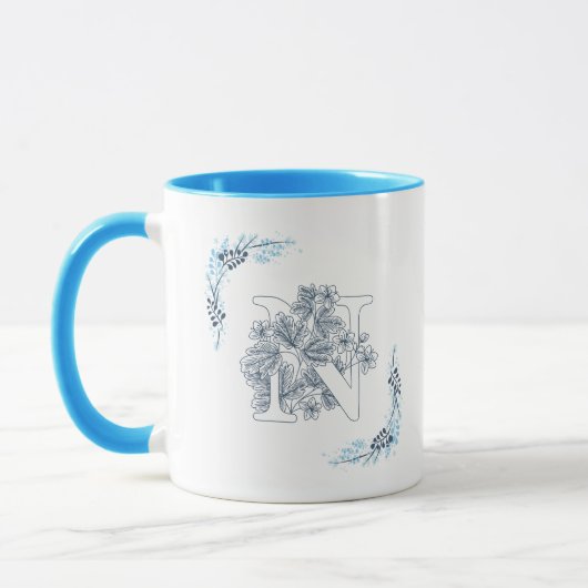 Initiaal "N" Blauw Monogram Kalme Bloemenkoffie Mok (Links)