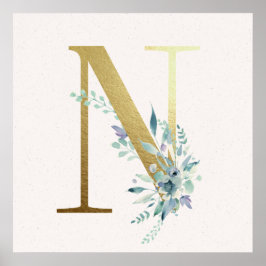 Initiaal N Golden en Blue Floral Monogram Poster