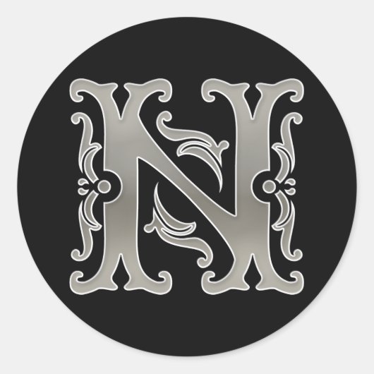 Initiaal N Ronde Sticker in zilver (Voorkant)