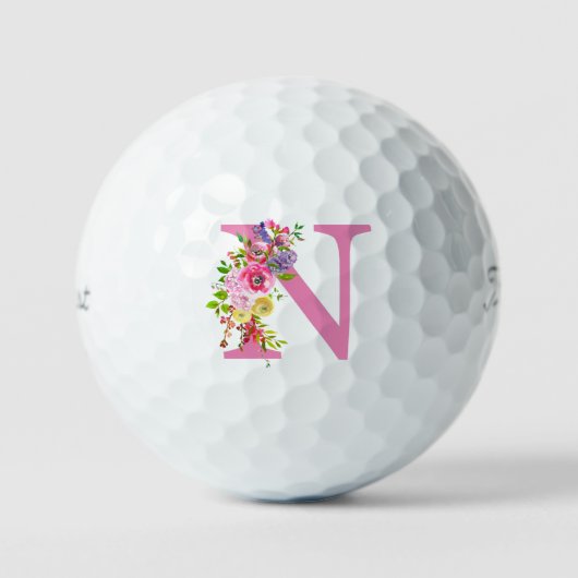 Initiaal N Roze Floral Golfballen (Voorkant)