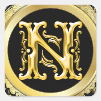 Initiaal N Vierkante Sticker in Goud